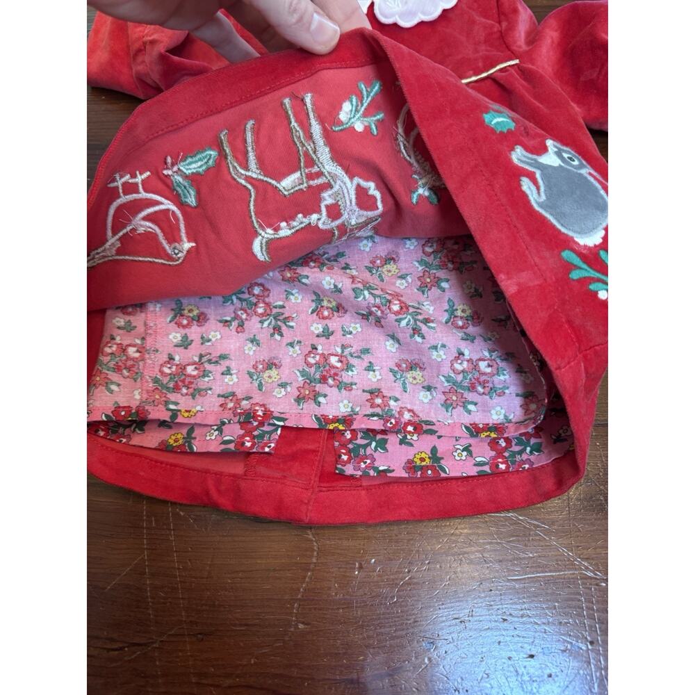 Mini Boden Appliqué Velvet Dress Poppy Red Size 0-3 Months Lined Lace Collar - Picture 9 of 11